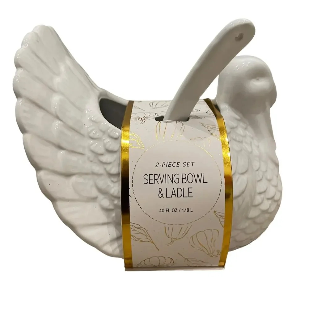 Turkey Shaped Serving Bowl and Ladle 2 Piece Set White 7in New